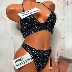 VS SWIM 2 PC BIKINI SET LOGO SMOCKED M  BIKINI TOP S BOTTOM POLKA DOT LACE UP